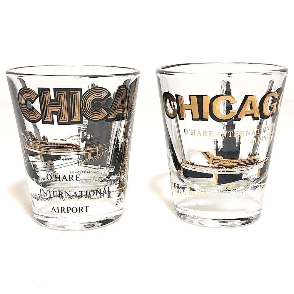 2 Vintage Shot Glasses Chicago International Airport #S001